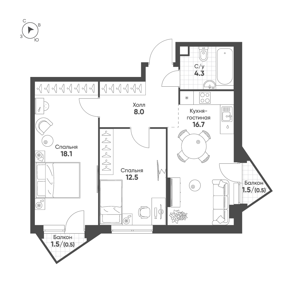 2-комнатная 60 м2 в ЖК Sokolinn Park корпус null этаж 3