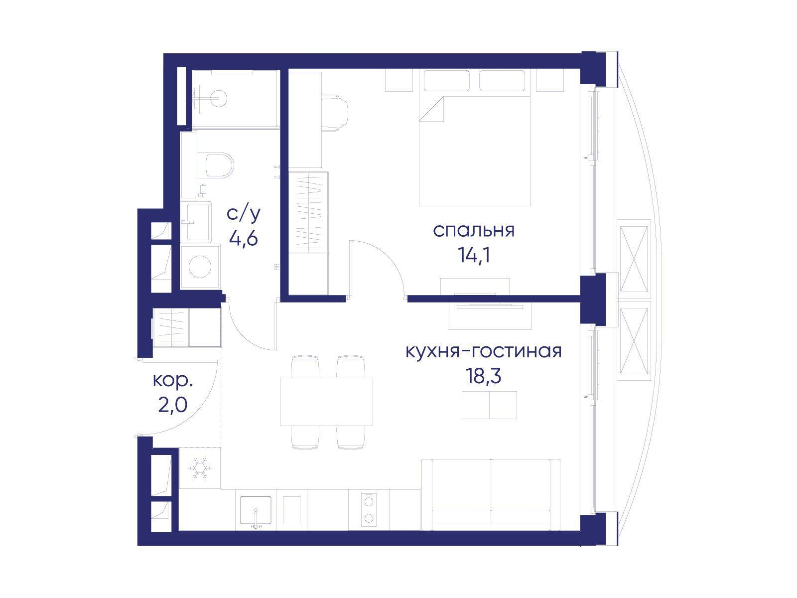 1-комнатная 39 м2 в ЖК Остров корпус null этаж 6
