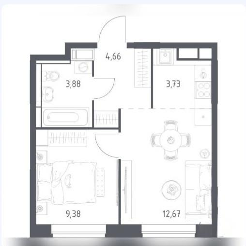 2-комнатная 38.7 м2 в ЖК undefined корпус null этаж 8