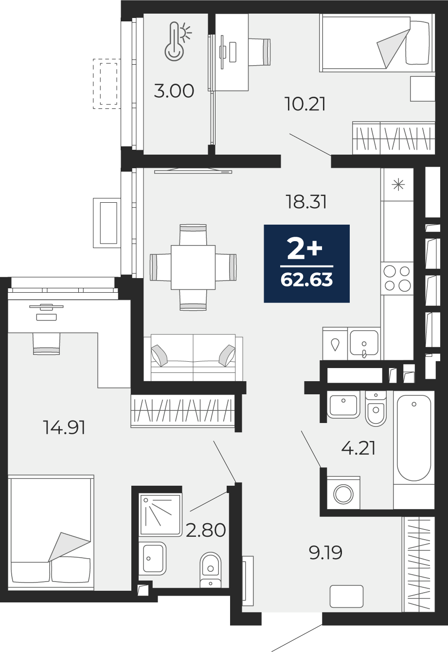 2-комнатная 62 м2 в ЖК Беринг корпус null этаж 3