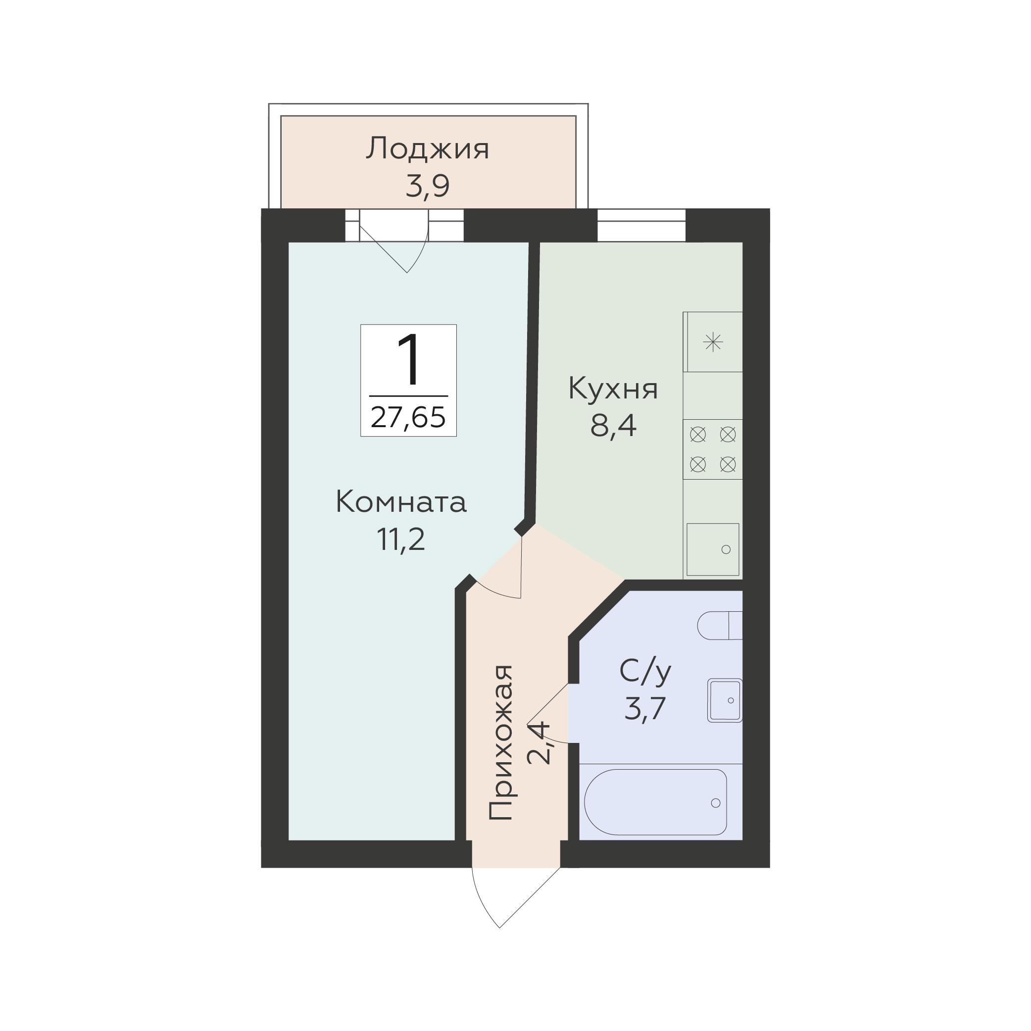 1-комнатная 27 м2 в ЖК Классики корпус null этаж 7