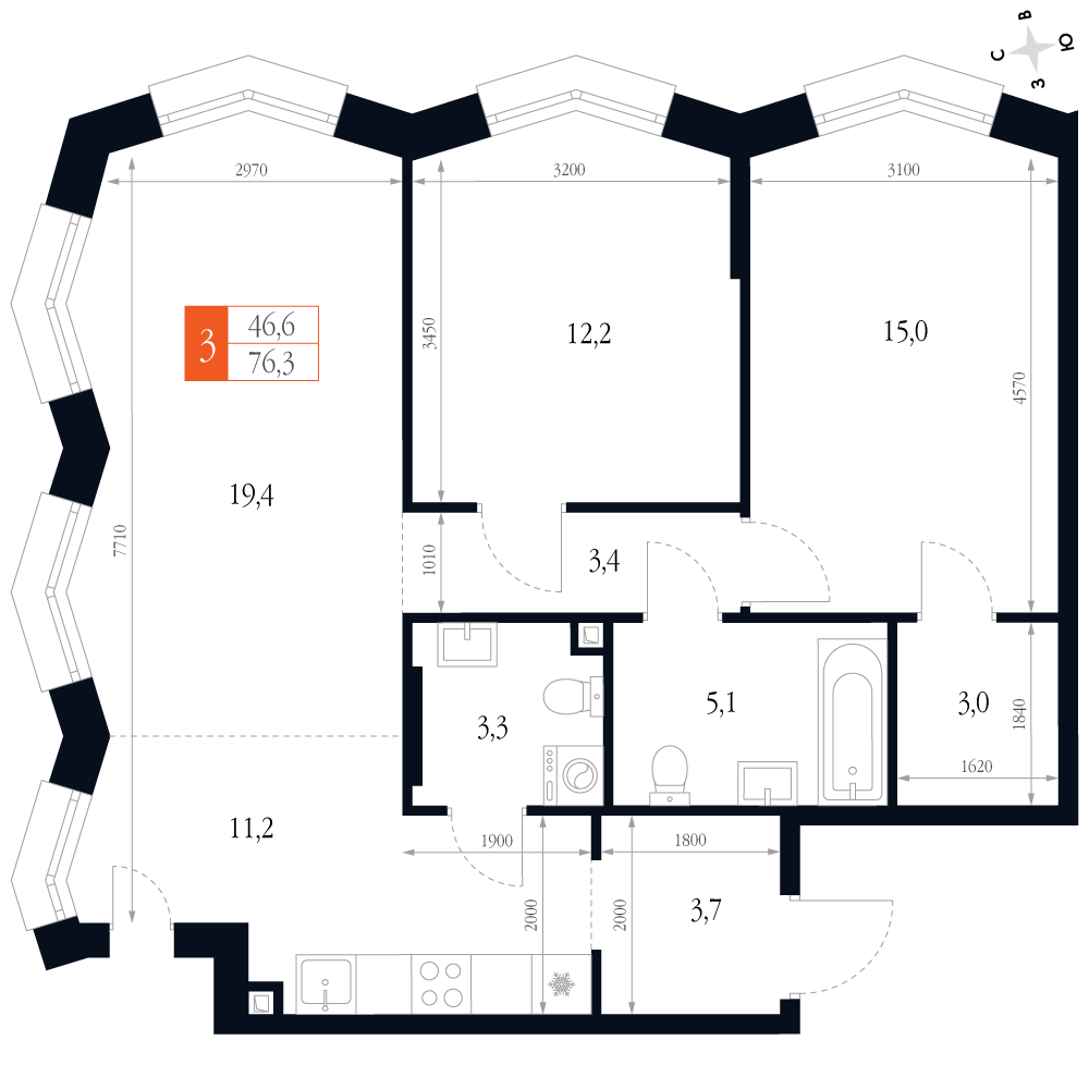3-комнатная 76 м2 в ЖК Фордевинд корпус null этаж 8