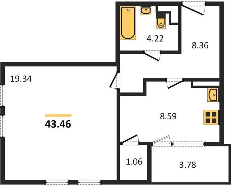 1-комнатная 43.5 м2 в ЖК undefined корпус null этаж 12