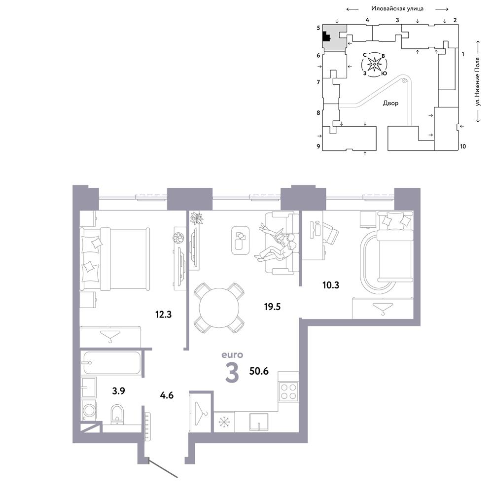 3-комнатная 50 м2 в ЖК Страна.Заречная корпус null этаж 10