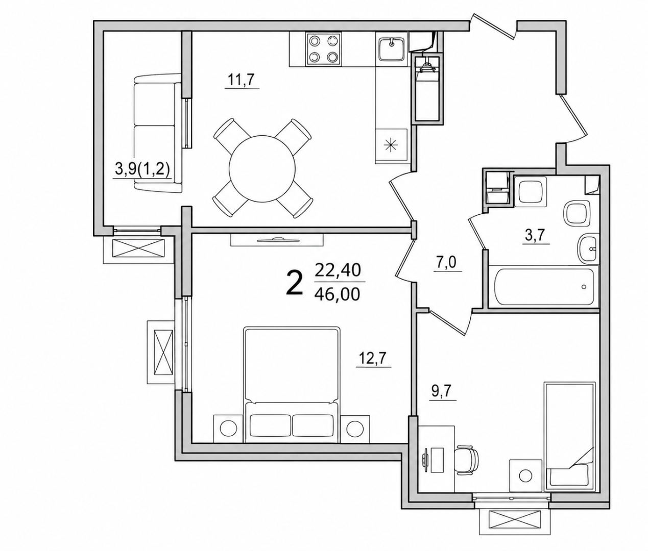 2-комнатная 44.8 м2 в ЖК undefined корпус null этаж 4