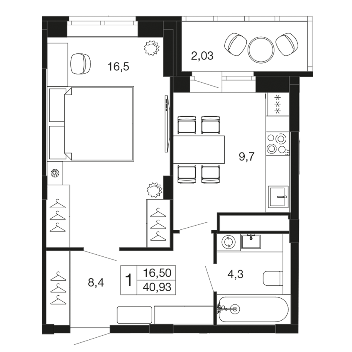 1-комнатная 40 м2 в ЖК Времена года корпус null этаж 3