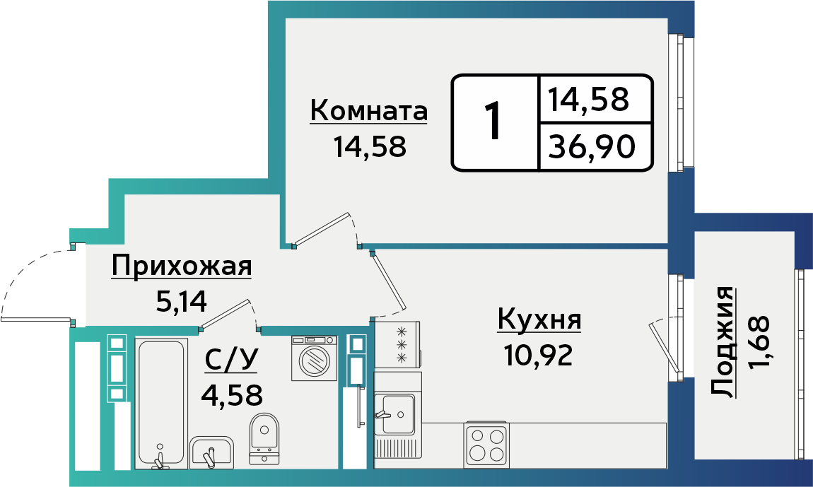 1-комнатная 37 м2 в ЖК БЕРША СИТИ корпус null этаж 4