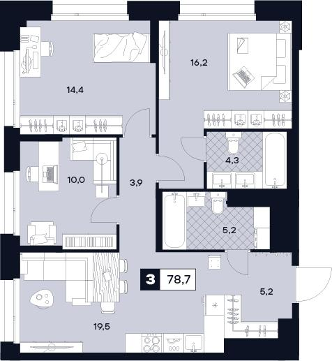3-комнатная 78 м2 в ЖК Юту корпус null этаж 23