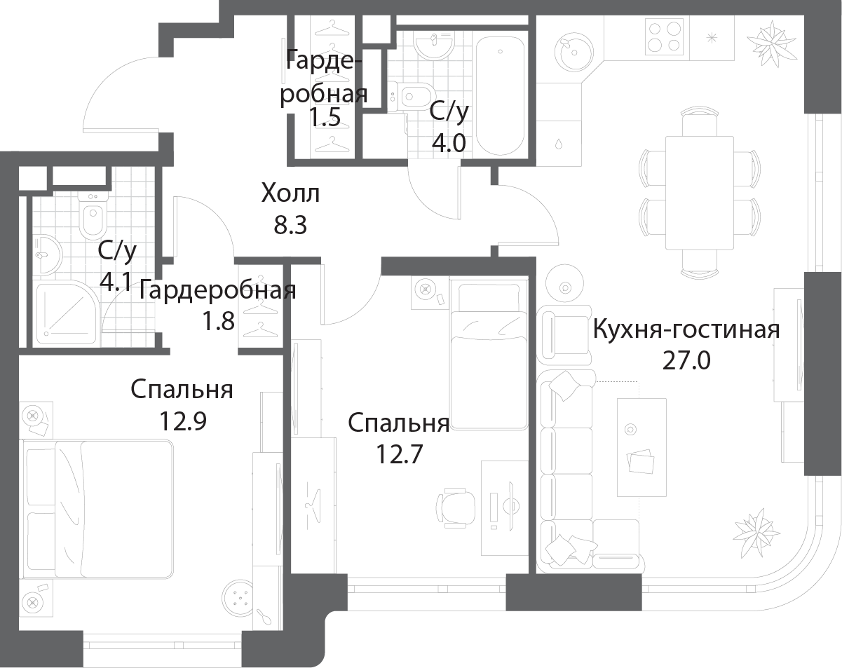 2-комнатная 71 м2 в ЖК Нагатино Ай-Лэнд корпус null этаж 5