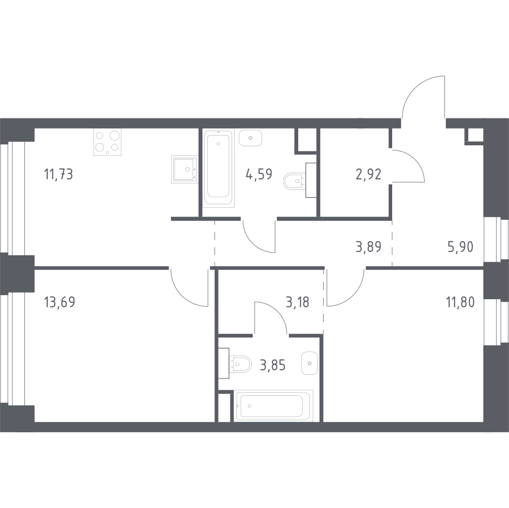 2-комнатная 61 м2 в ЖК Нова корпус null этаж 9