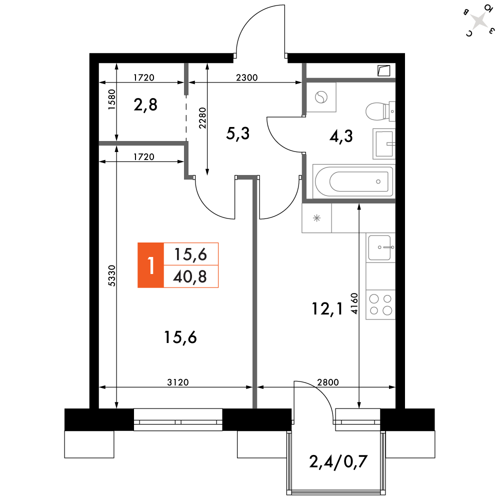 1-комнатная 40 м2 в ЖК Флагман корпус null этаж 10