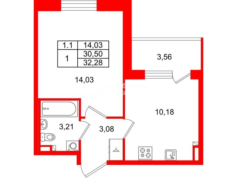1-комнатная 30 м2 в ЖК Парадный ансамбль корпус null этаж 3