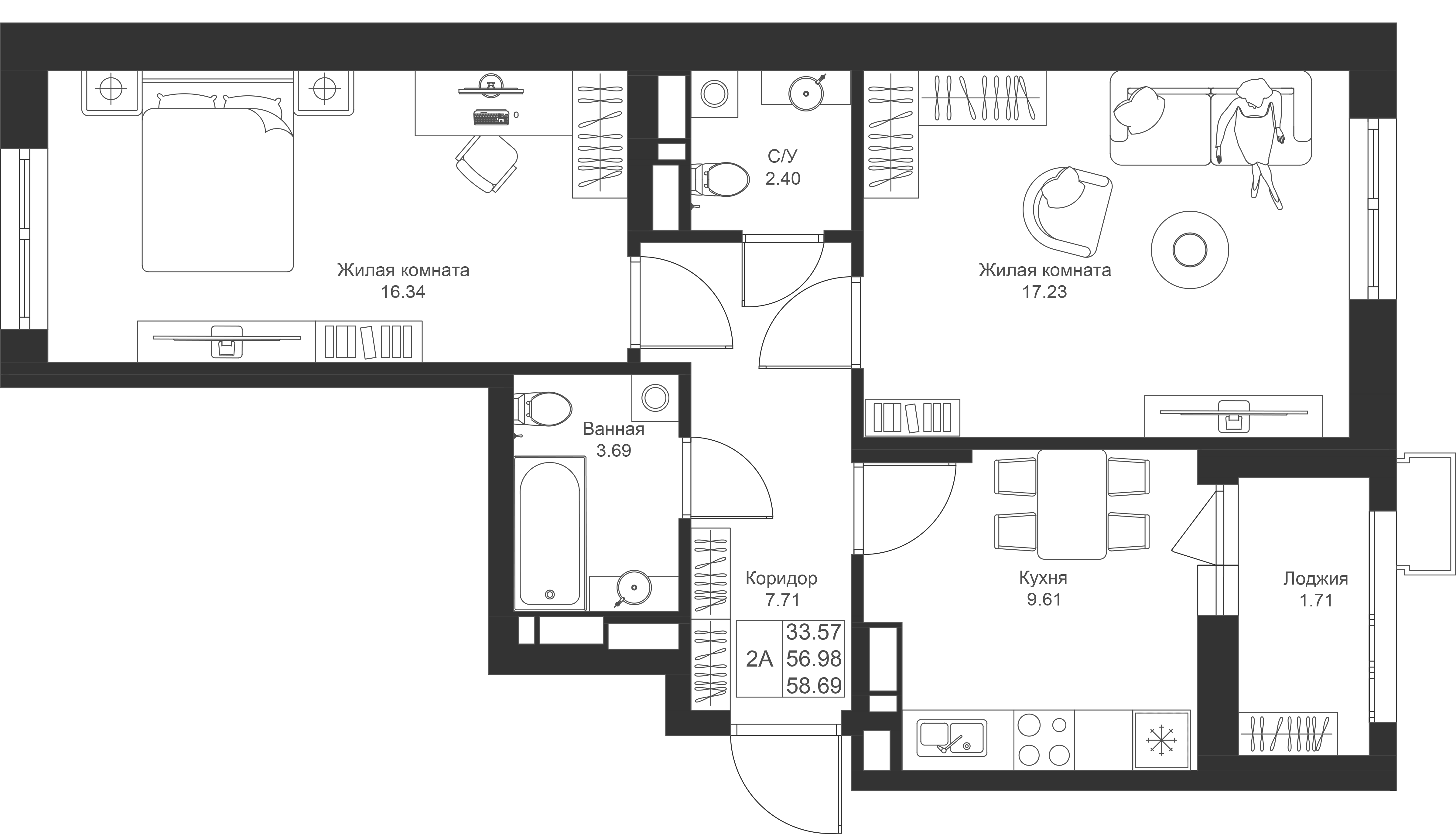 2-комнатная 58 м2 в ЖК Солнечный город корпус null этаж 11