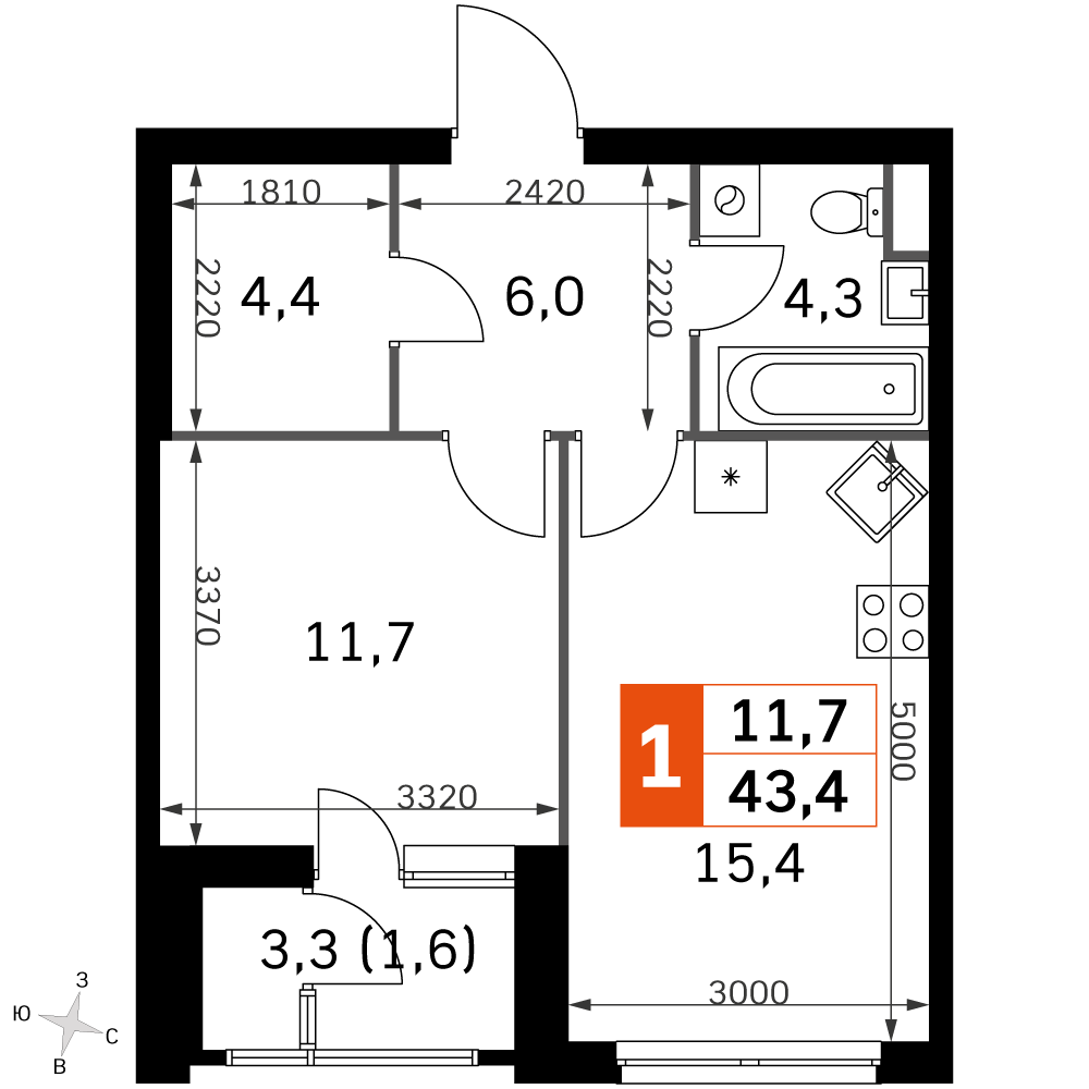 1-комнатная 41 м2 в ЖК Скай Гарден корпус null этаж 9