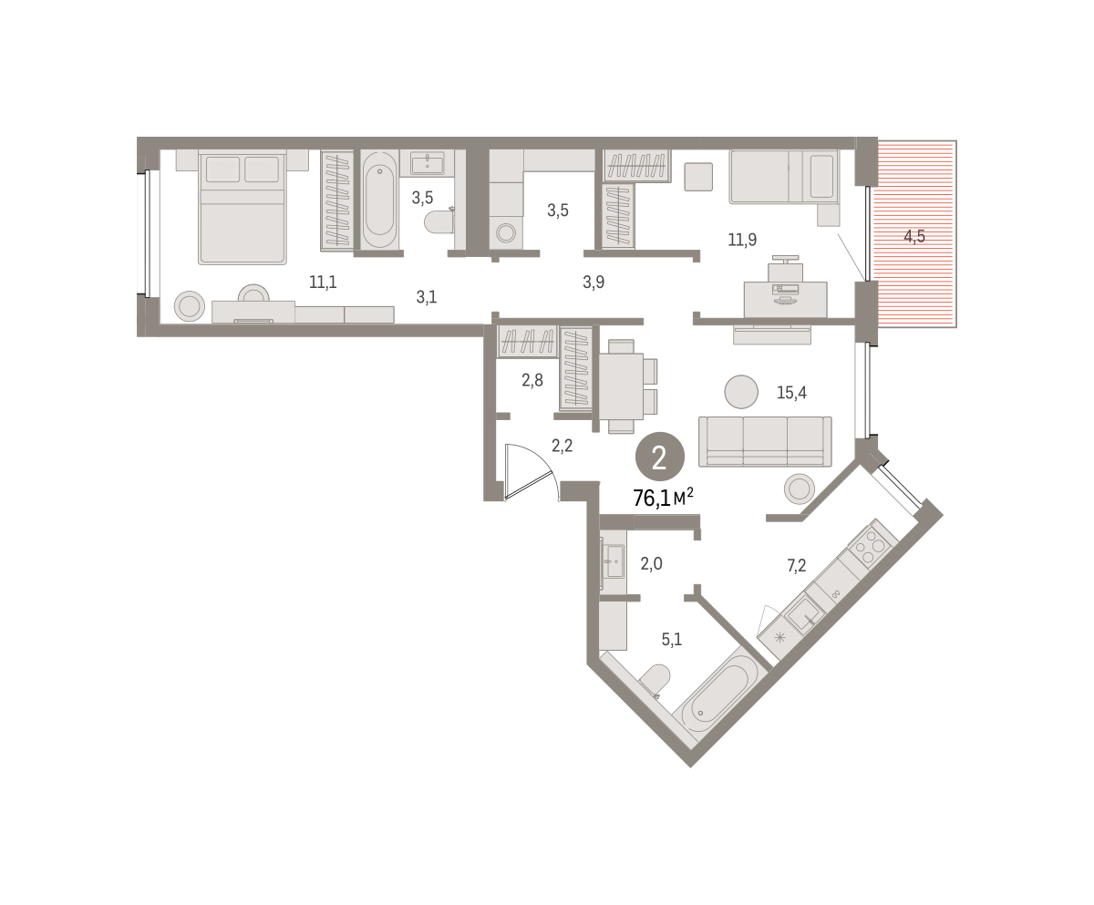 2-комнатная 76 м2 в ЖК Северный ветер корпус null этаж 3