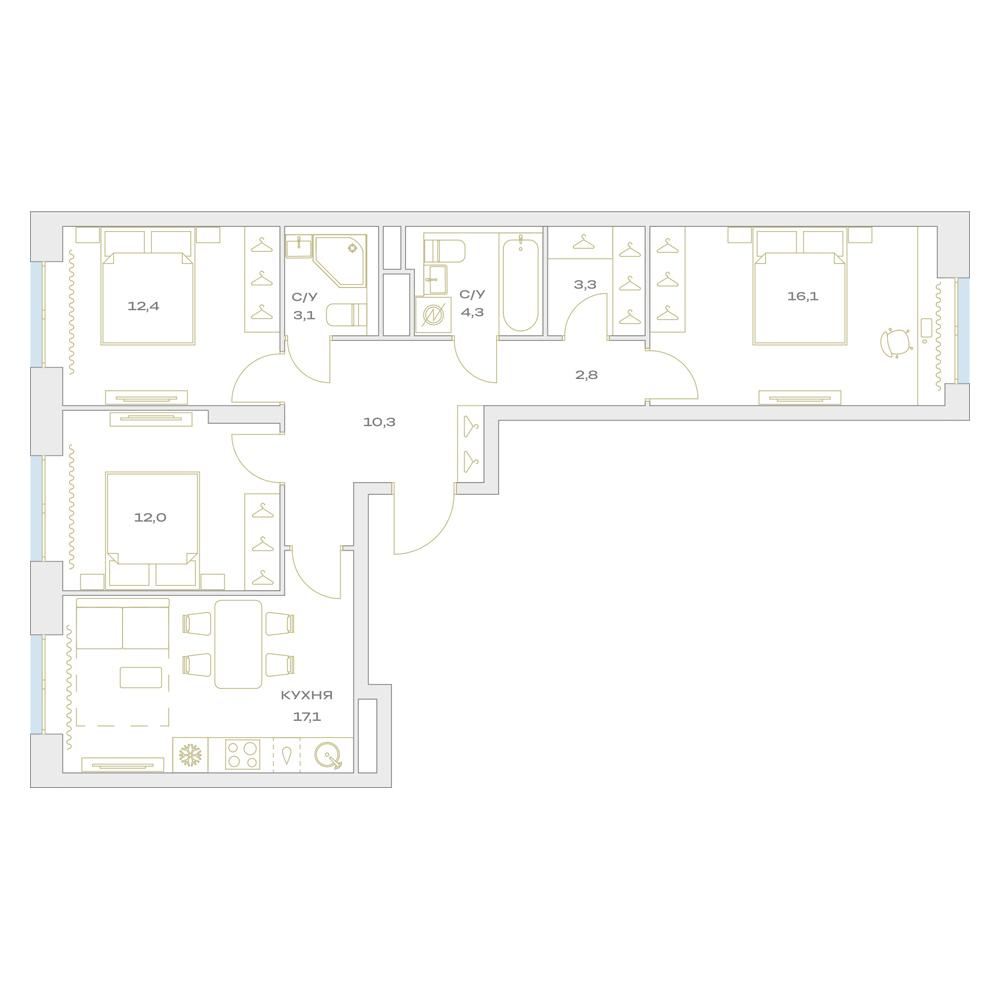 4-комнатная 81 м2 в ЖК Детали корпус null этаж 13