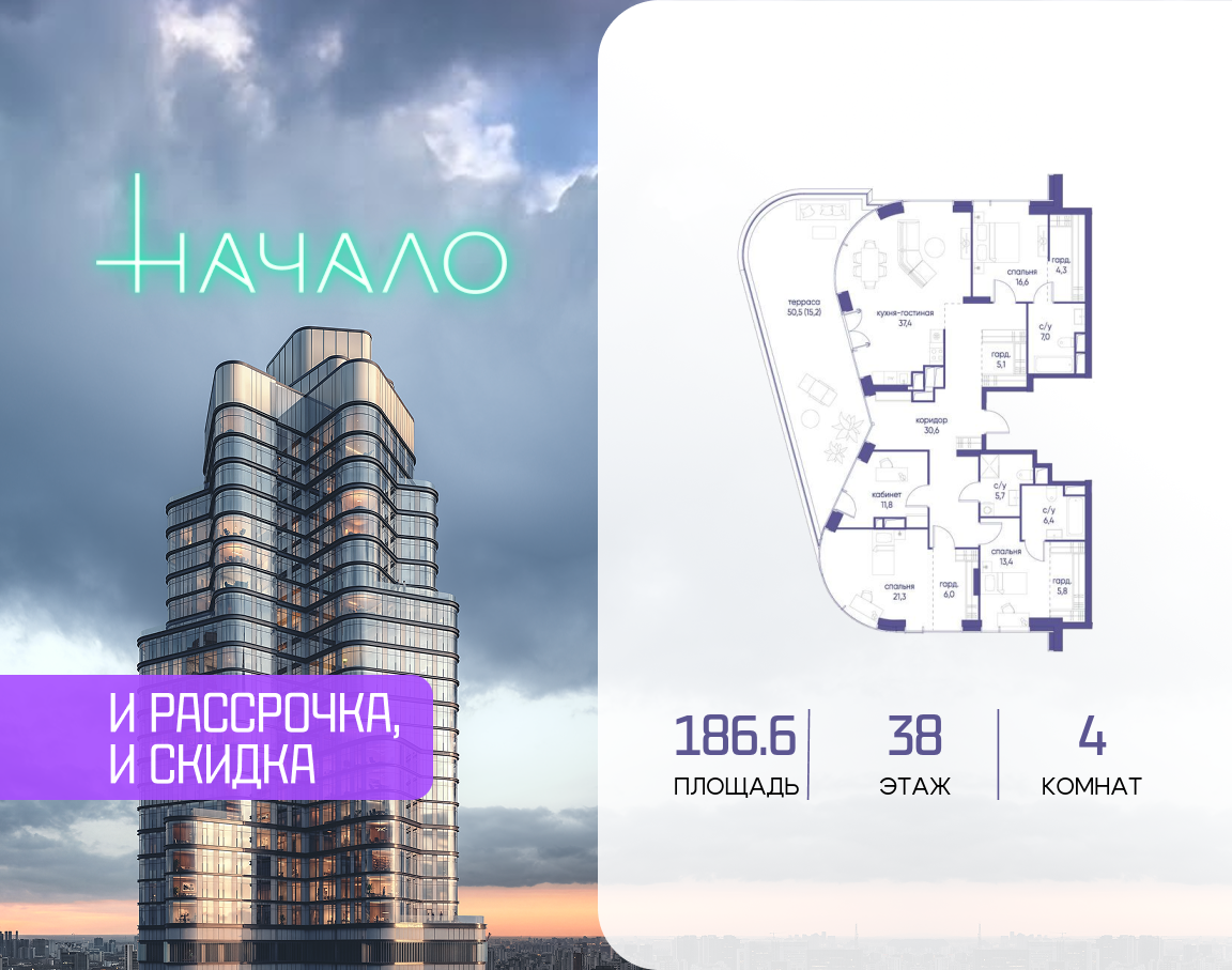 4-комнатная 186 м2 в ЖК Начало корпус null этаж 38
