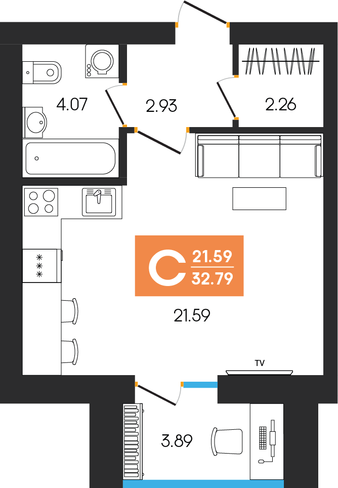 Студия 32 м2 в ЖК Клубный дом Симфония корпус null этаж 7