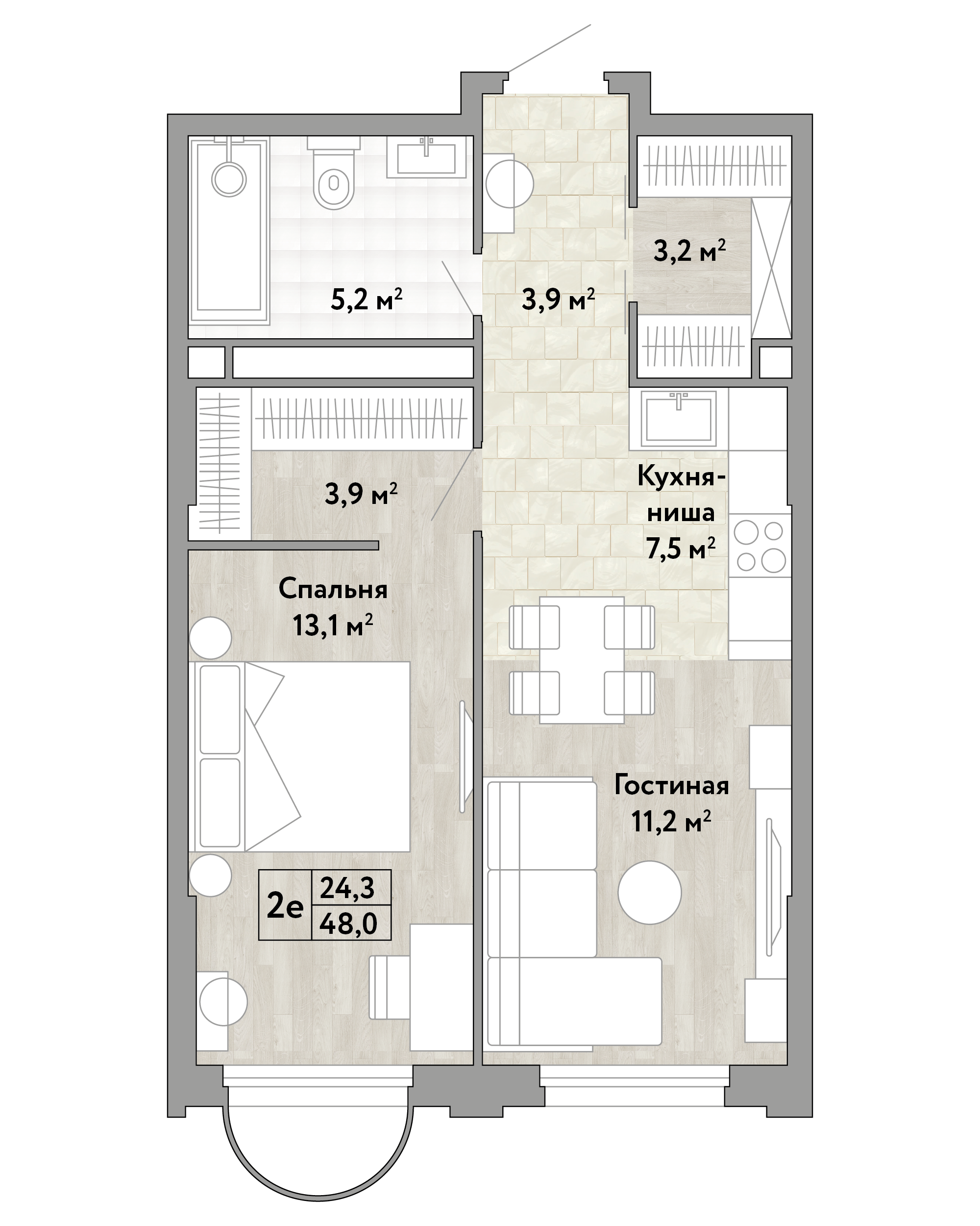 1-комнатная 48 м2 в ЖК Новые Смыслы корпус null этаж 9