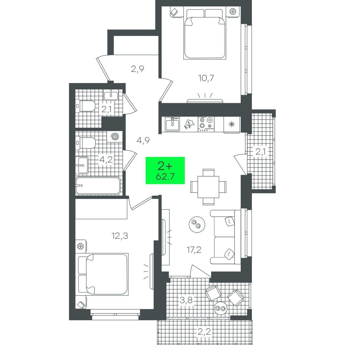 2-комнатная 62 м2 в ЖК Гранд Квартал корпус null этаж 6