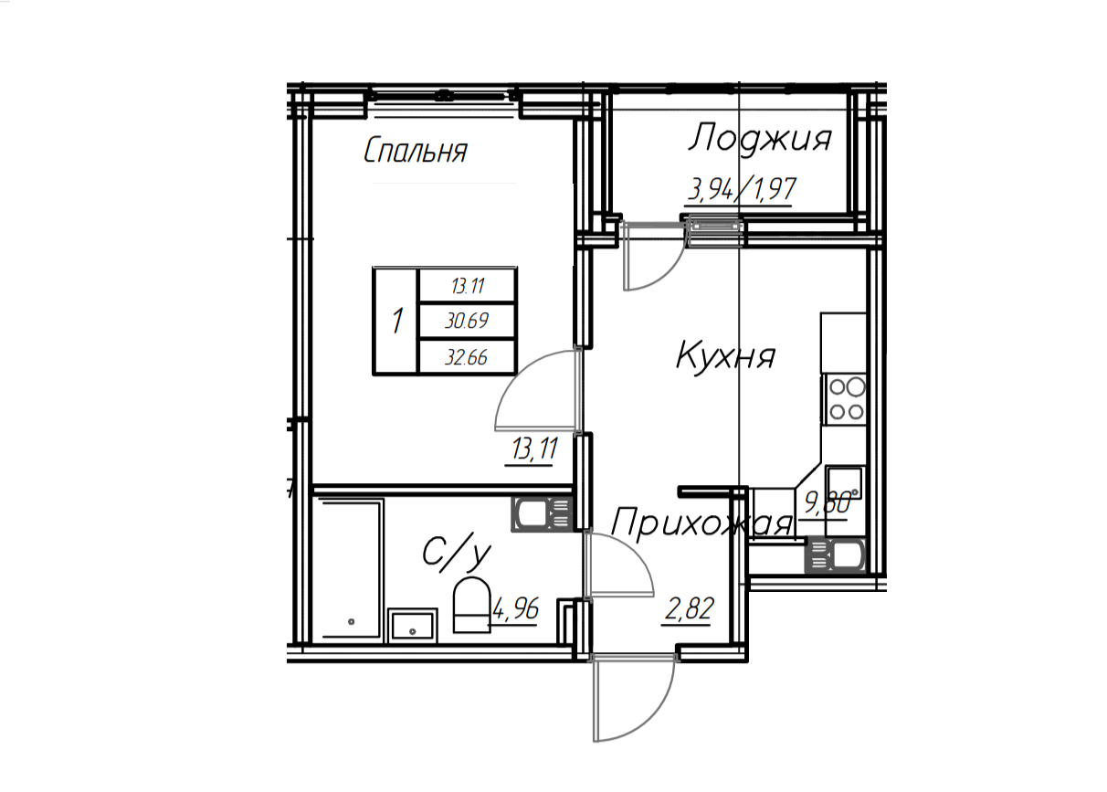1-комнатная 32.7 м2 в ЖК undefined корпус null этаж 9