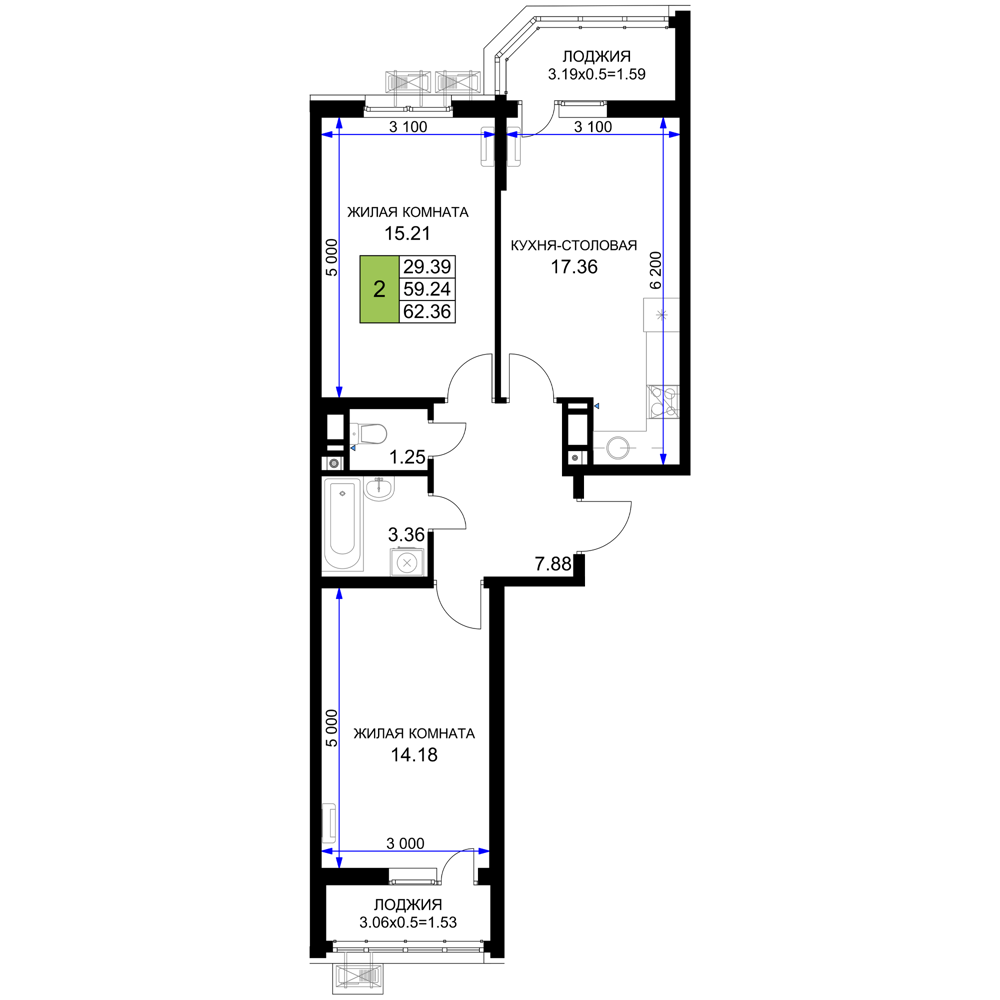2-комнатная 62 м2 в ЖК Фонтаны корпус null этаж 8