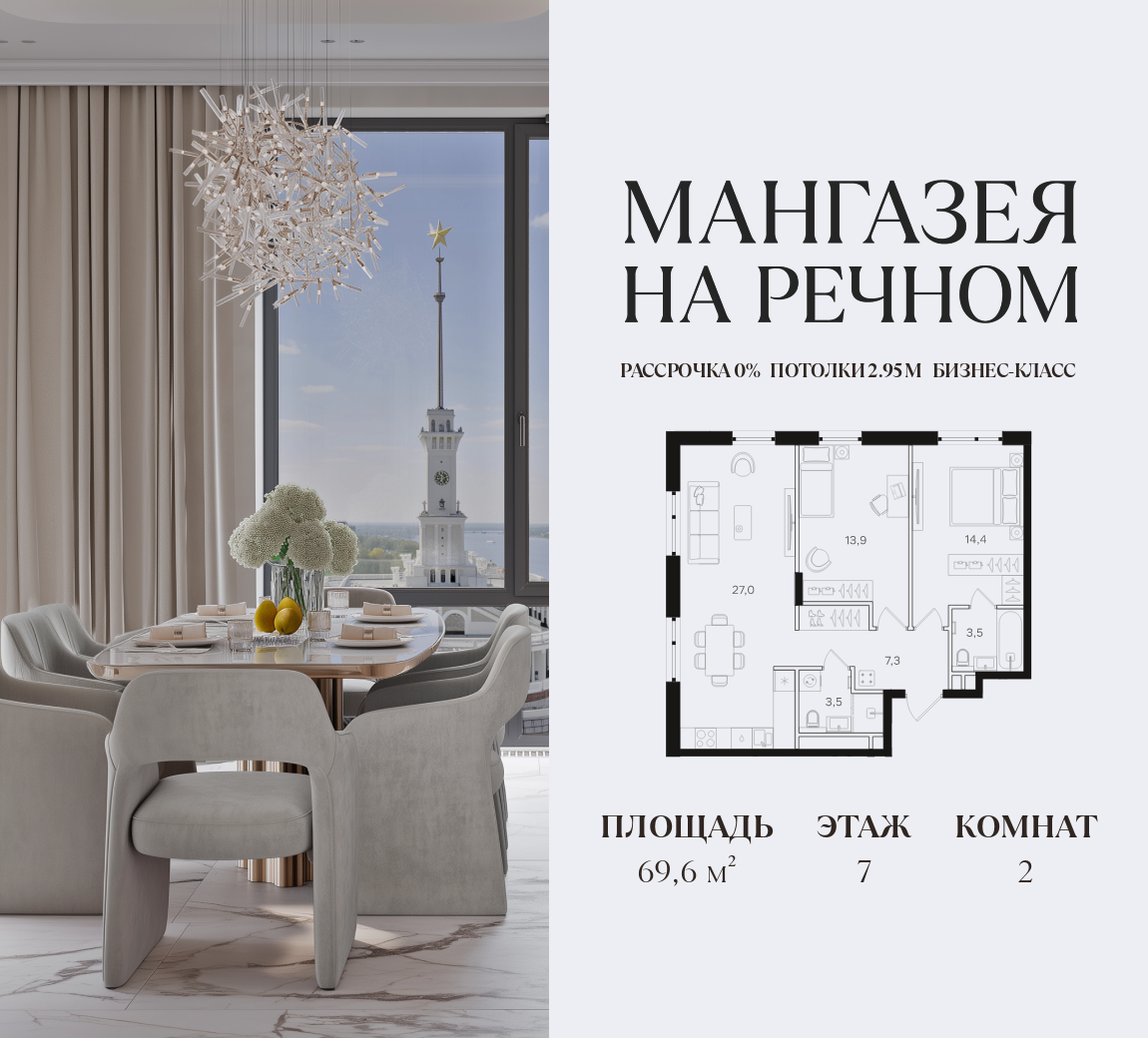 2-комнатная 69 м2 в ЖК Мангазея на Речном корпус null этаж 7