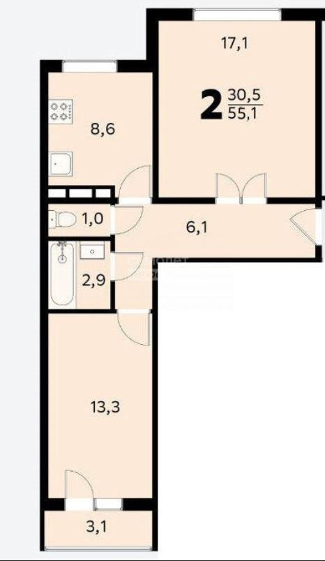 2-комнатная 55.1 м2 в ЖК undefined корпус null этаж 9