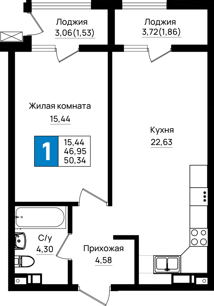 1-комнатная 50 м2 в ЖК Резиденция морей корпус null этаж 4