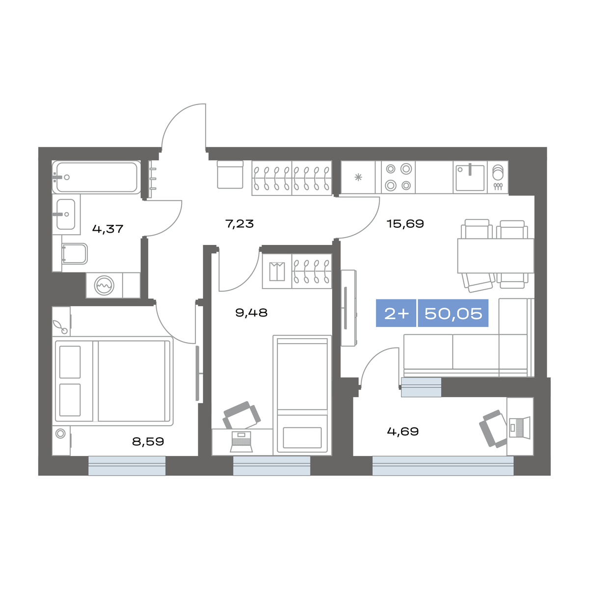 2-комнатная 50 м2 в ЖК Пятнашка корпус null этаж 2