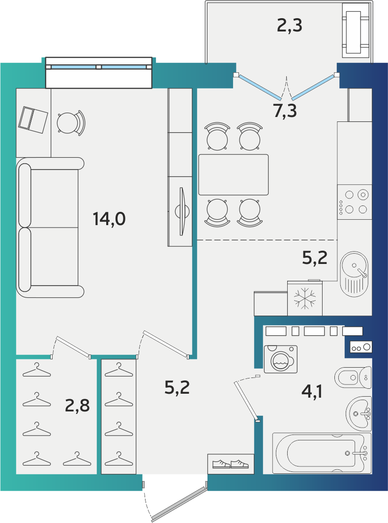1-комнатная 39 м2 в ЖК Экополис корпус null этаж 5