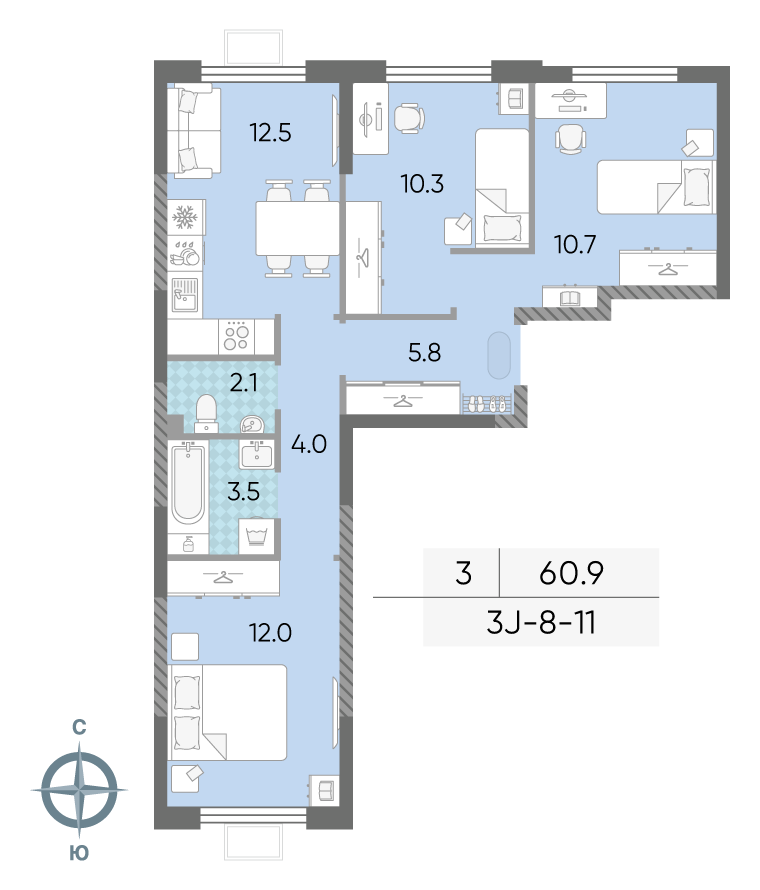 3-комнатная 60 м2 в ЖК ЛУЧИ корпус null этаж 11