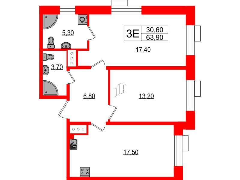 2-комнатная 63 м2 в ЖК Парусная 1 корпус null этаж 3
