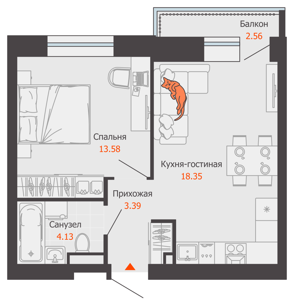 2-комнатная 40 м2 в ЖК Камаполис корпус null этаж 4
