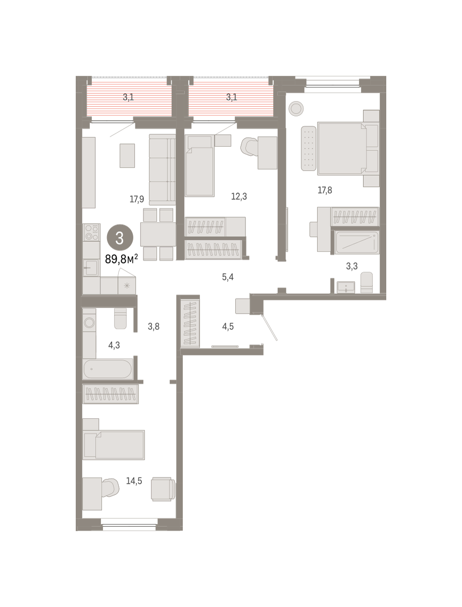 3-комнатная 89 м2 в ЖК Зарека корпус null этаж 6