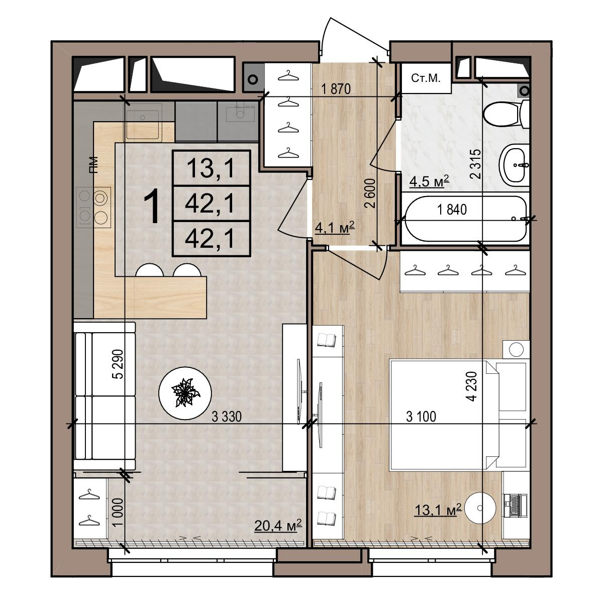 1-комнатная 42 м2 в ЖК Полярная звезда корпус null этаж 4