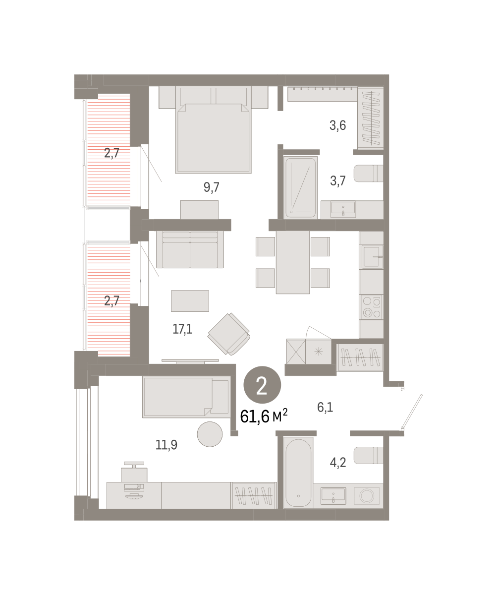 2-комнатная 61 м2 в ЖК Квартал Нефть корпус null этаж 5