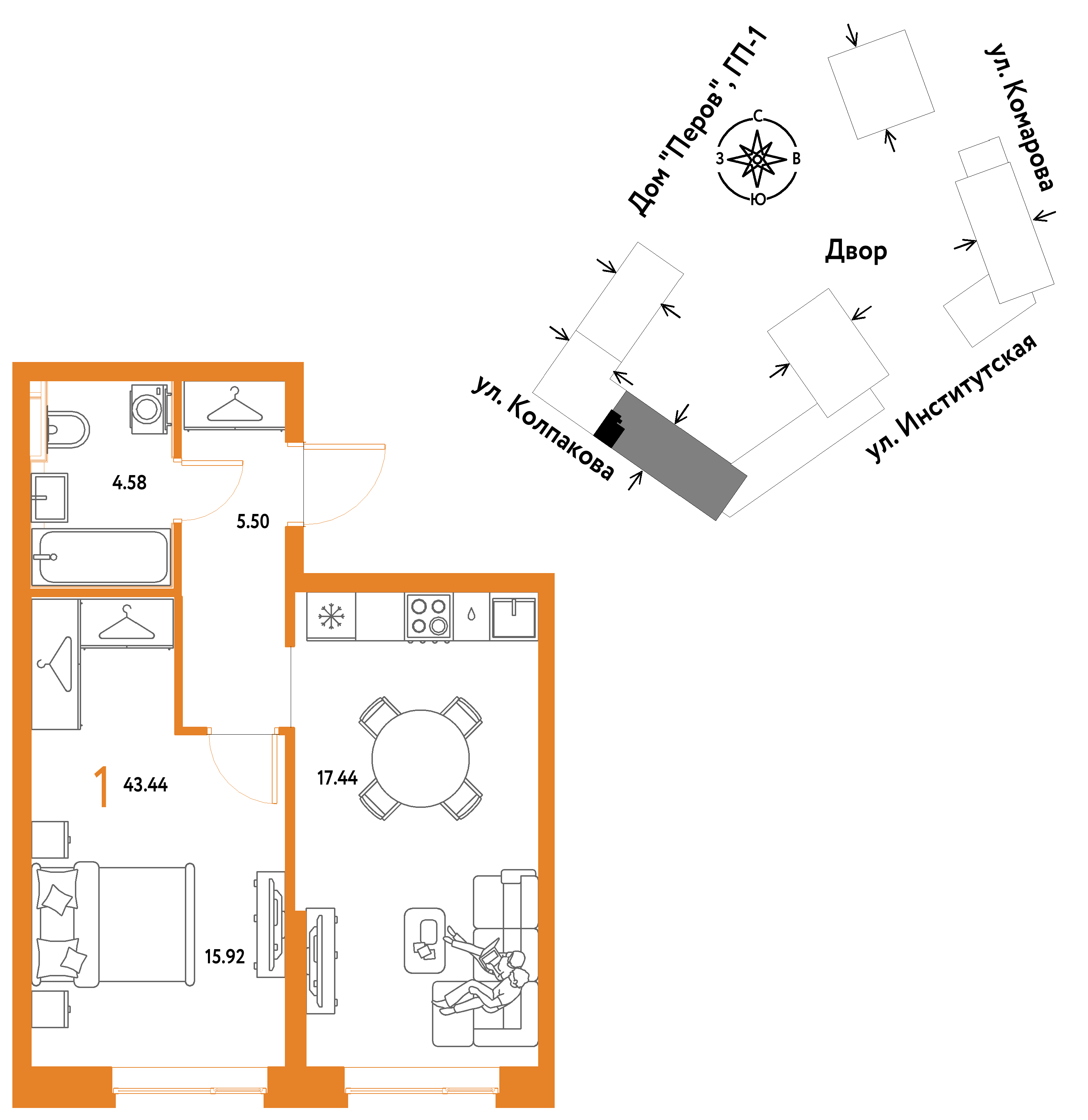 1-комнатная 43 м2 в ЖК Страна.Парковая корпус null этаж 15