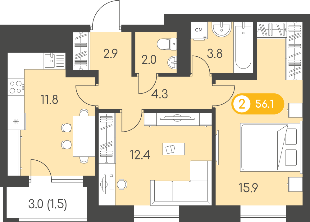 2-комнатная 56 м2 в ЖК Новый восход корпус null этаж 9