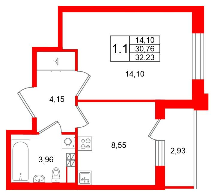 1-комнатная 30 м2 в ЖК Univer City корпус null этаж 3