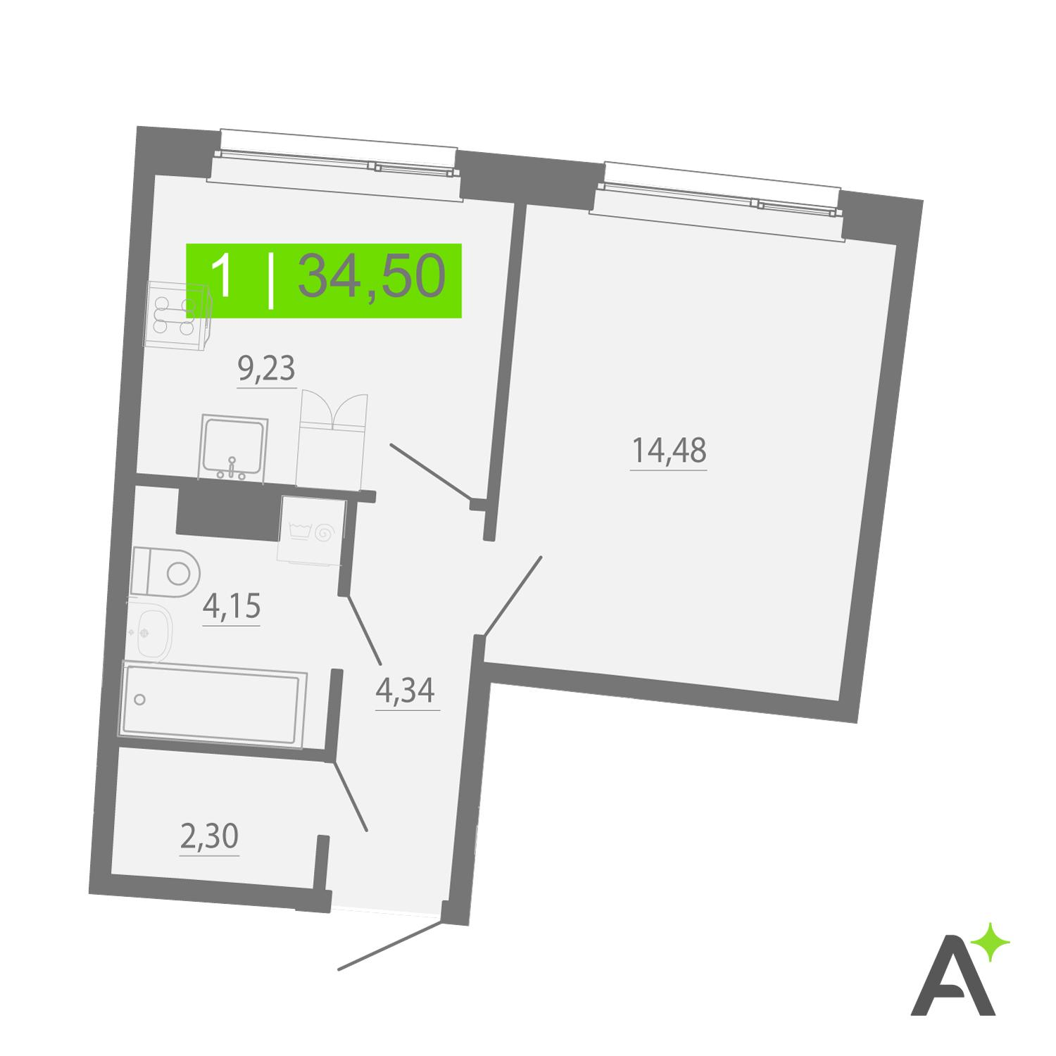 1-комнатная 34 м2 в ЖК Аквилон Рива корпус null этаж 14