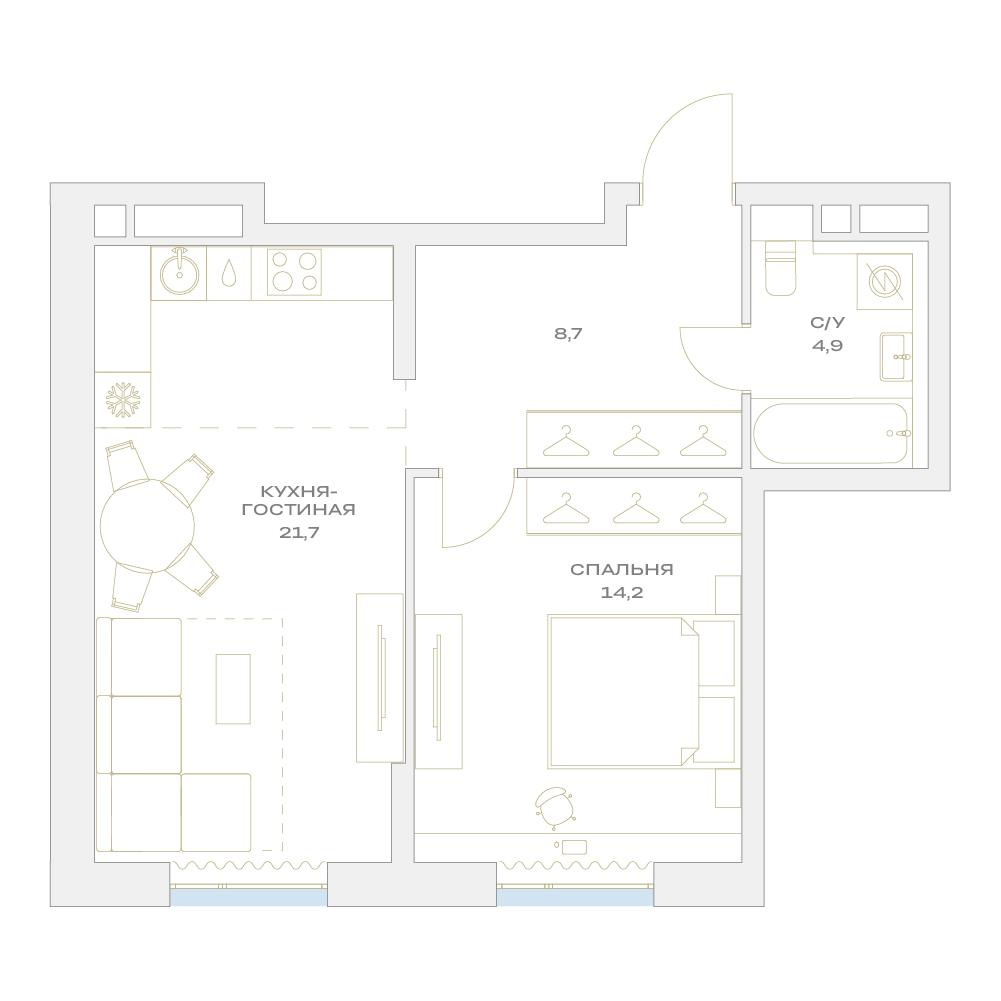 2-комнатная 49 м2 в ЖК Детали корпус null этаж 14