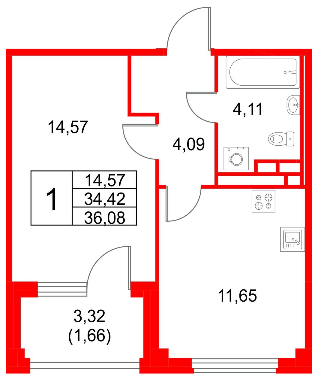 1-комнатная 36 м2 в ЖК Кронфорт. Центральный корпус null этаж 3