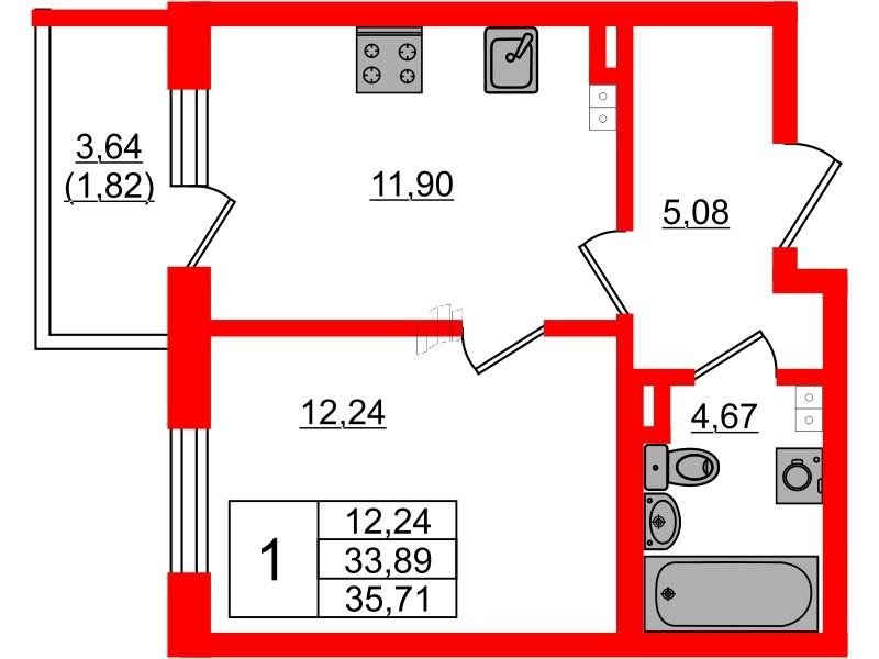 1-комнатная 34 м2 в ЖК Золотые купола. Новая История корпус null этаж 3