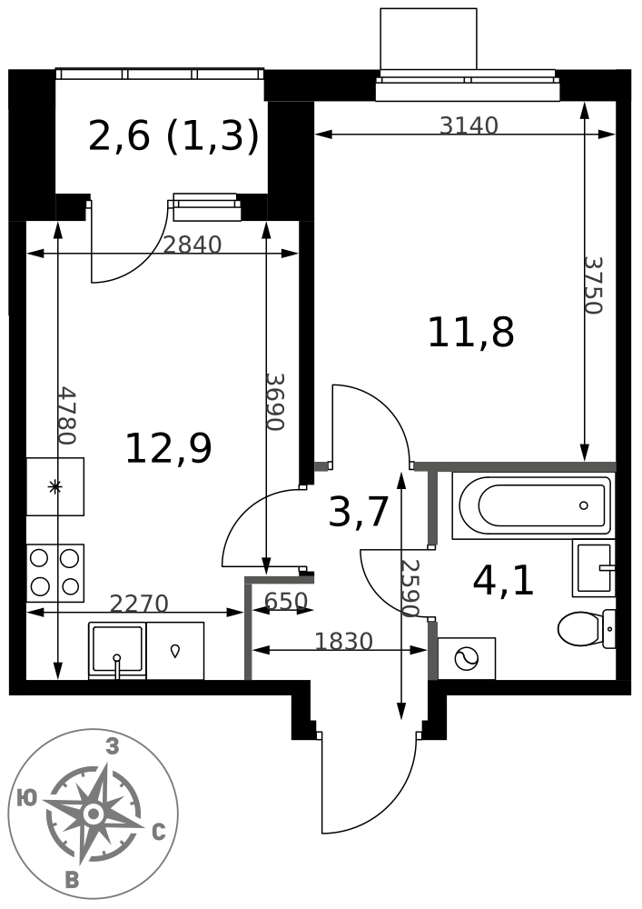1-комнатная 33 м2 в ЖК 1-й Ясеневский корпус null этаж 13