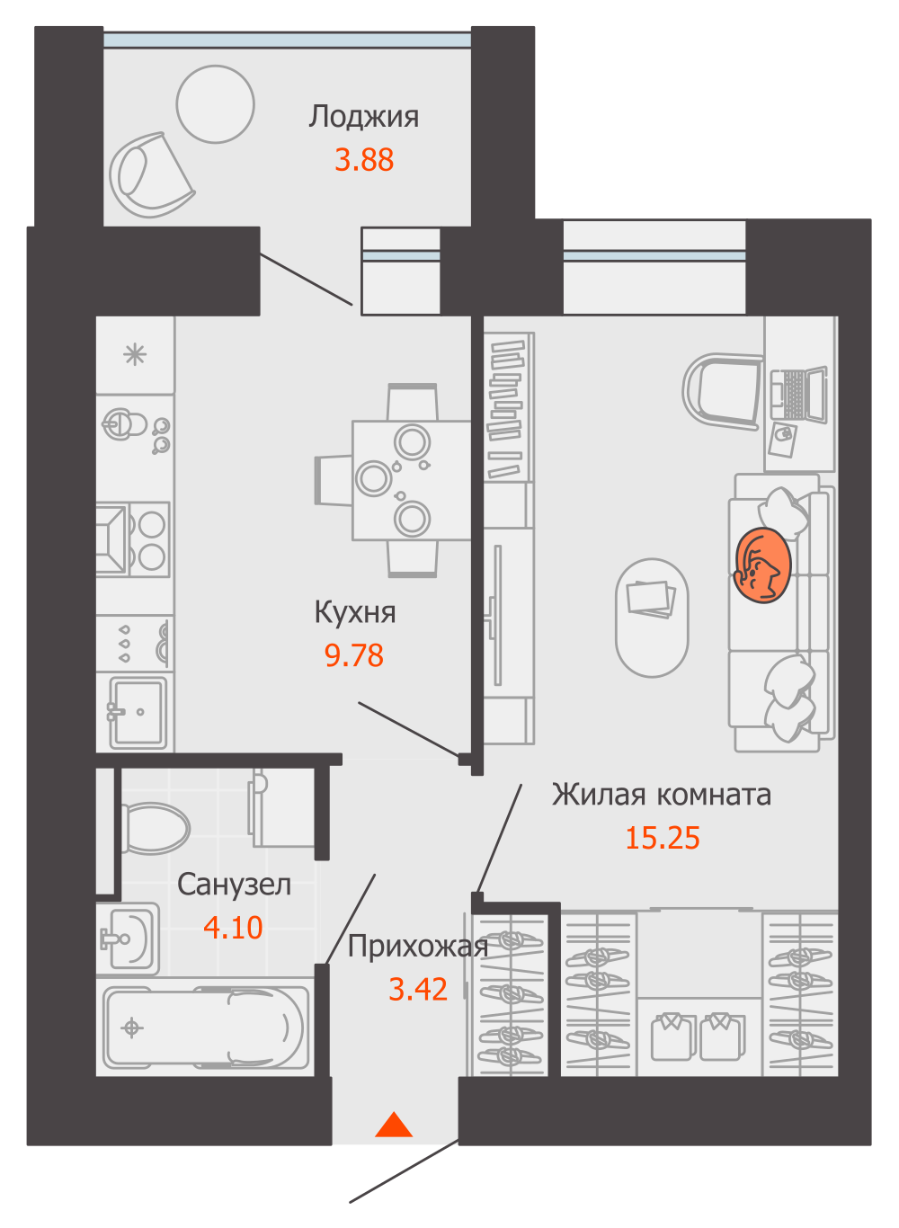 1-комнатная 34 м2 в ЖК ZNAK корпус null этаж 1