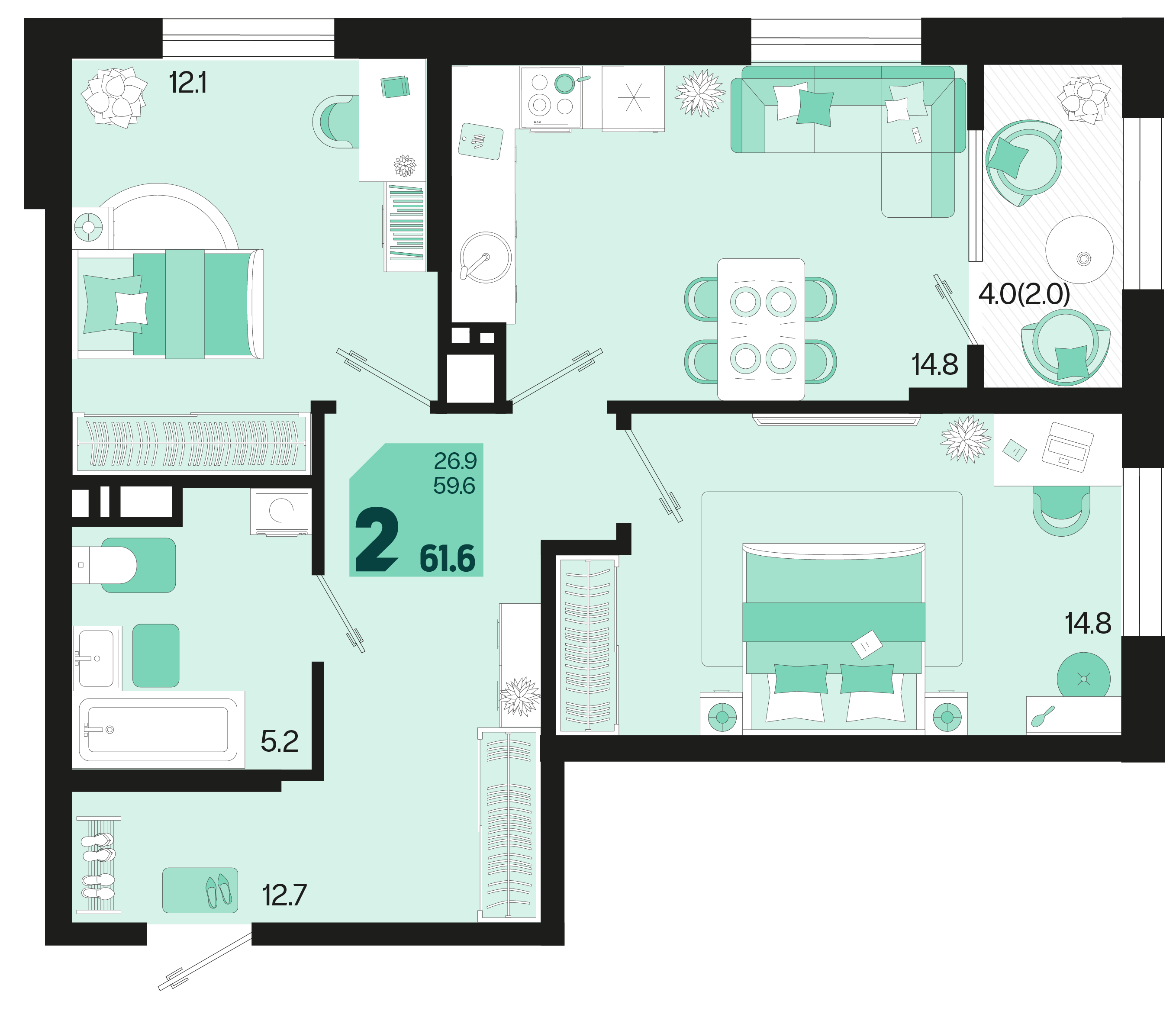 2-комнатная 61 м2 в ЖК Первое место корпус null этаж 16