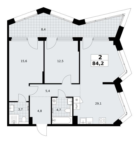 2-комнатная 84 м2 в ЖК Хольм корпус null этаж 4