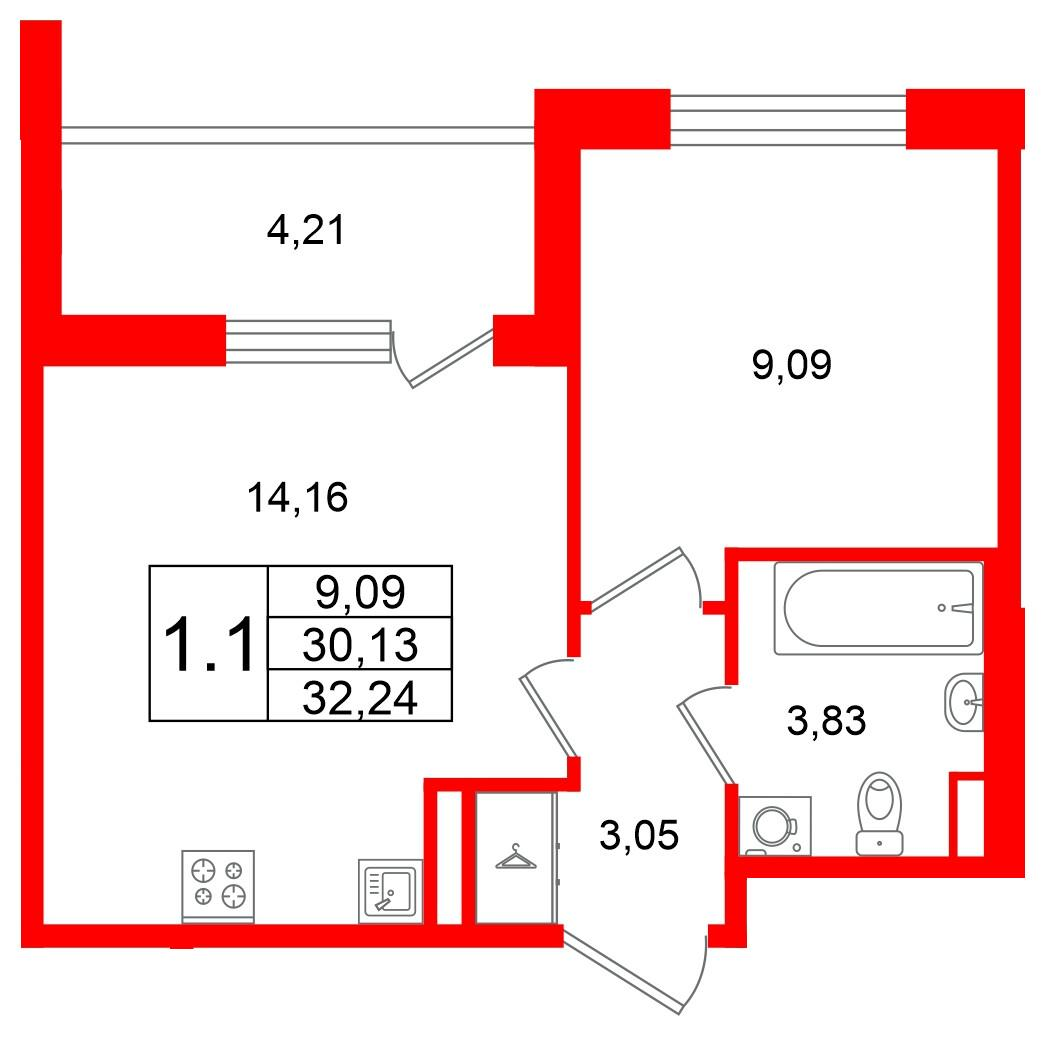 1-комнатная 30 м2 в ЖК Univer City корпус null этаж 1