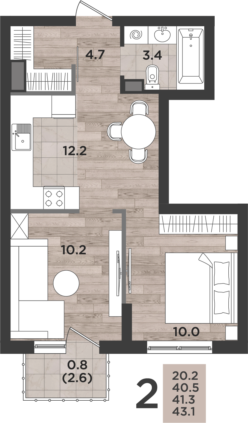 2-комнатная 41 м2 в ЖК Альпенштадт корпус null этаж 14